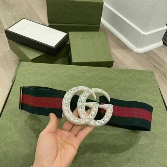 NWOT Authentic Gucci  Elastic Web Crystal Embellished Plexiglass GG Marmont Belt - Picture 1 of 5